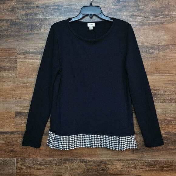 J Crew Top Women M Houndstooth Ruffle Peplum Hem Stretch Jersey Knit Black White - Picture 1 of 8
